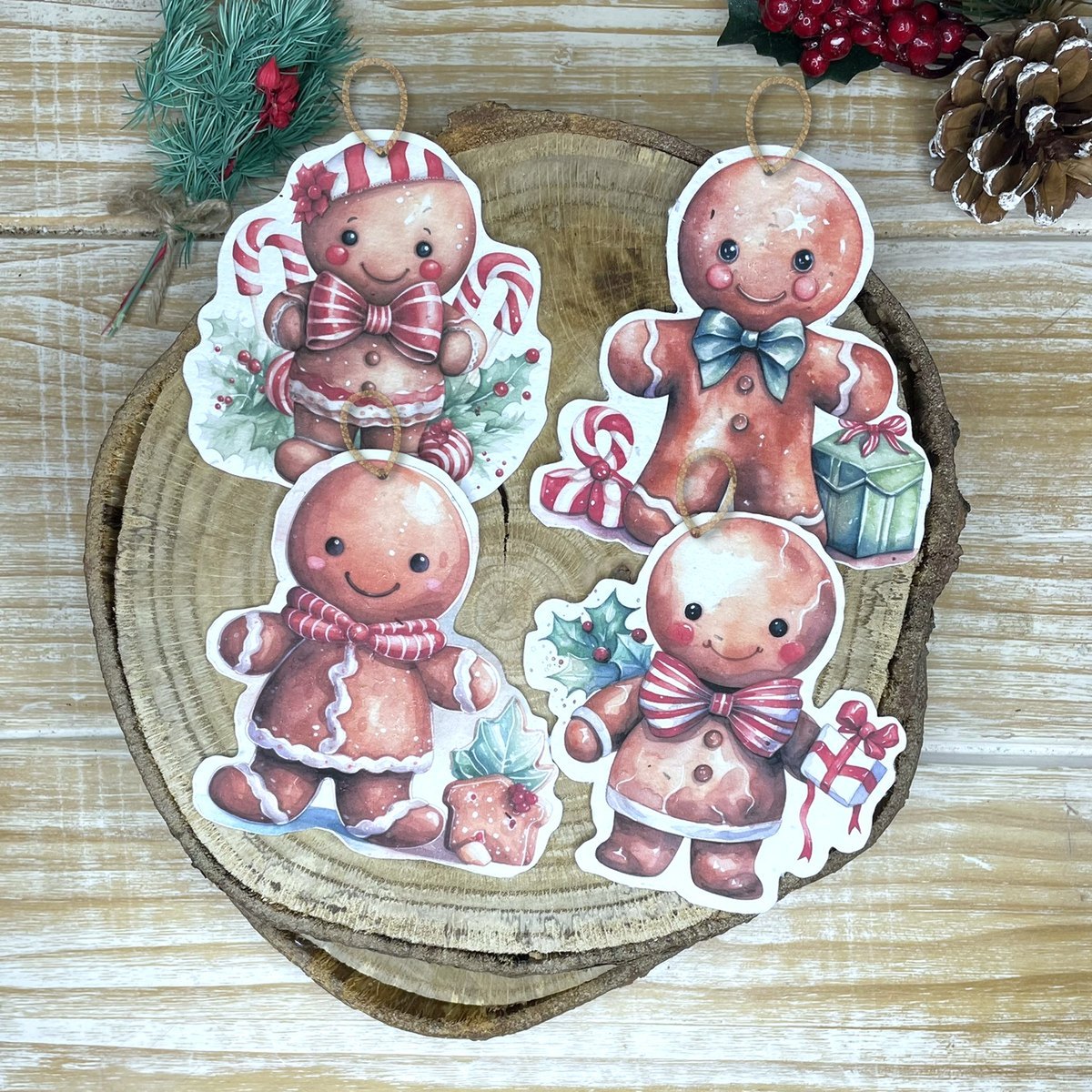 Set da 4 addobbi piantabili Omini di Pan di Zenzero con cordino, in carta con semi di fiori di campo